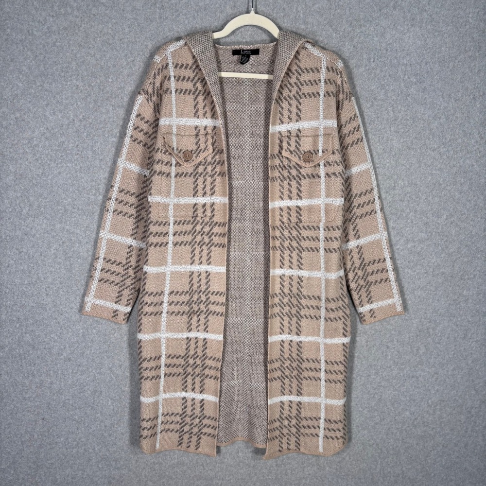 Longline‎ Hooded Duster Cardigan Jacket Small Tan Cream Plaid Knit Coatigan Soft